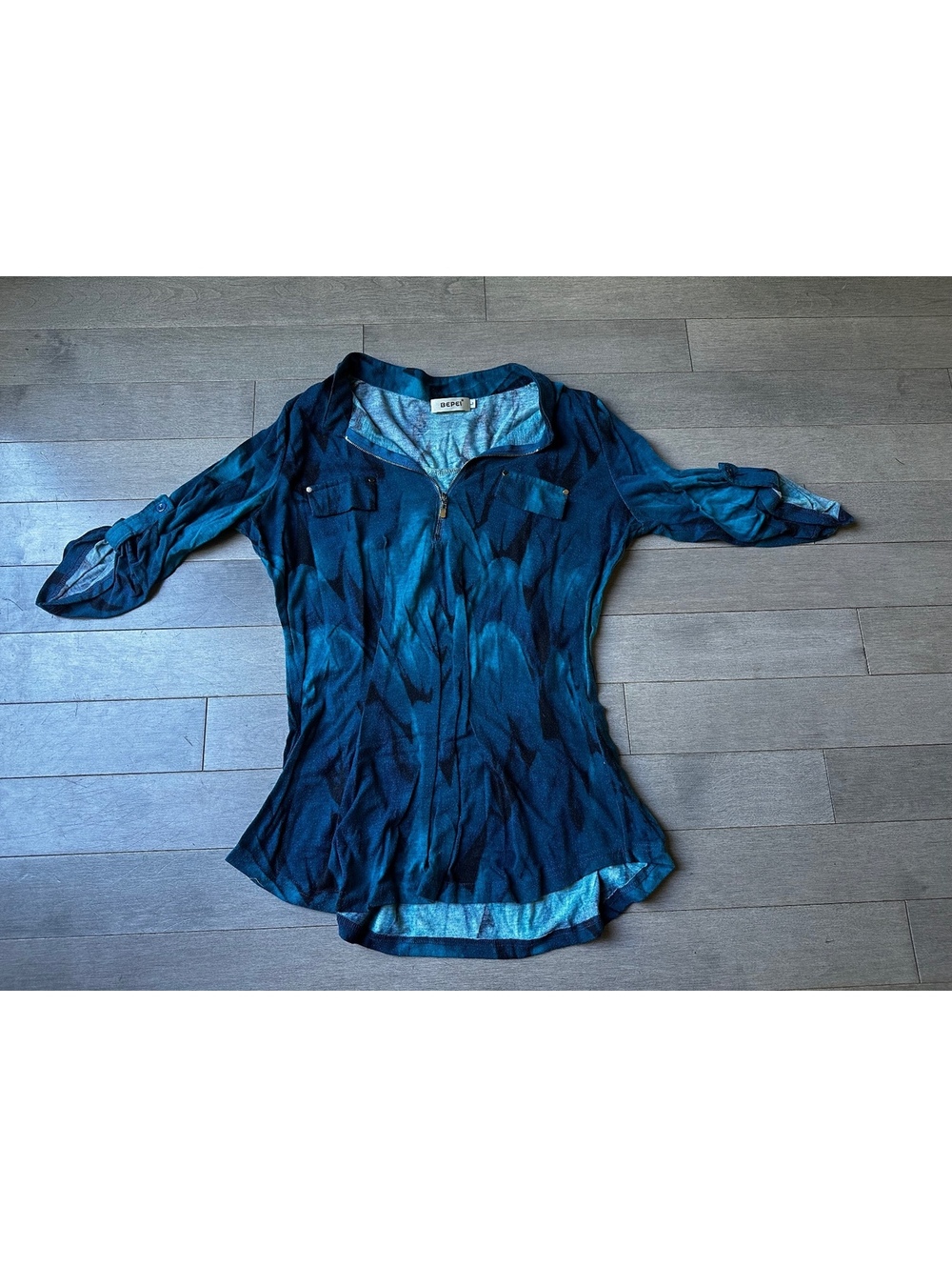 Women’s Bepei Blue Patterned Long Sleeve Zip-Up Blouse Shirt Pocket Size Large